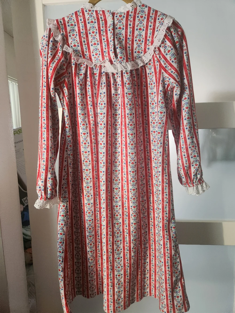 Girls' Red & White Floral Stripe Nightgown with Ruffle Trim